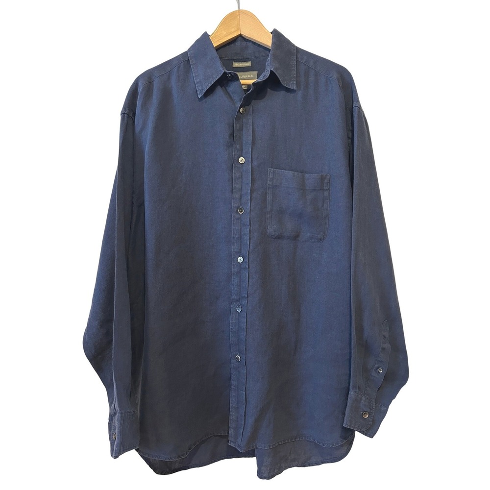 Banana Republic Shirt Sz L Blue 100% Irish Linen Button Up Coastal Preppy Beach